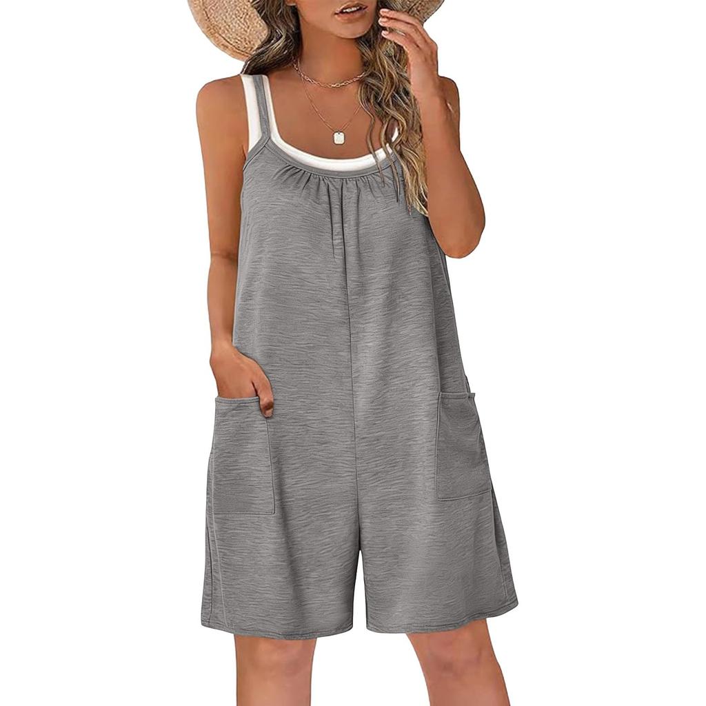 Womens Sleeveless Romper Casual Loose Tank Jumpsuit With Pockets Short Overalls Baggy Outfits