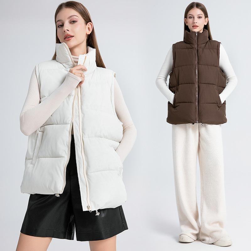 Women's autumn and winter sleeveless cotton clothes medium and long stand-up collar thermal down cotton vest thickened vest jacket