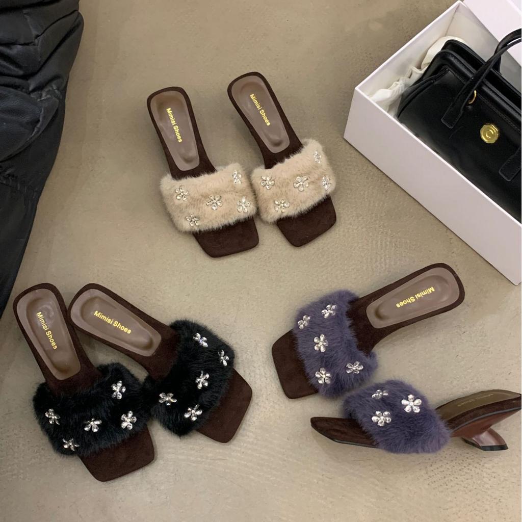C22-8~ Slope Heel French High-end Rhinestone Square Head Open-toed Fluffy Slippers Women's Shoes Outer Wear 2025 New Models