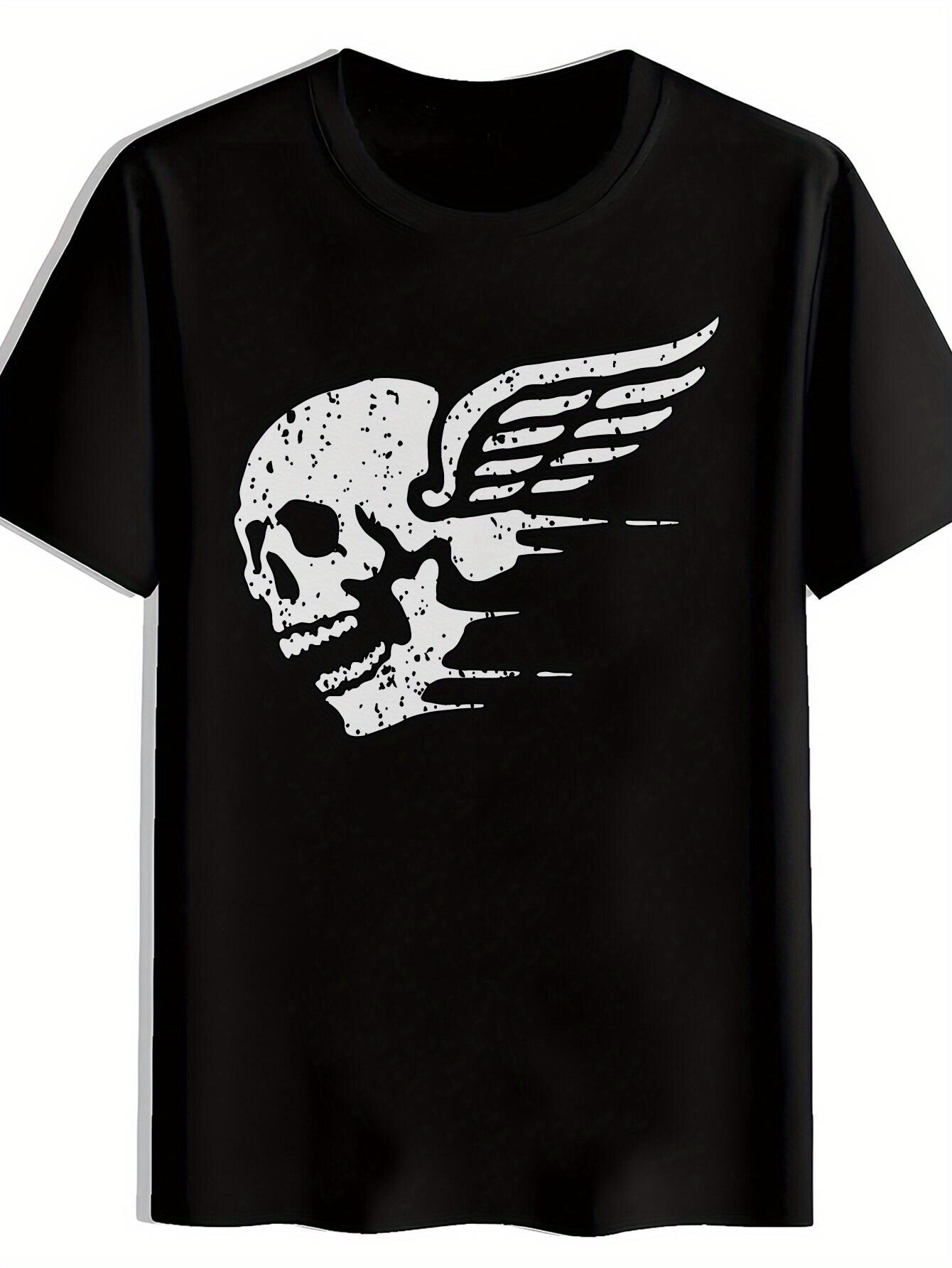 Vintage Rock Band Graphic T-shirt - Black with White Skull & Wings Design S