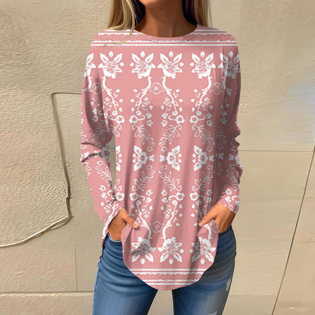 Women's  Loose Casual Flower Printed Round Neck Long Sleeved T Shirt Top Pullover Long Sleeved Sweatshirt