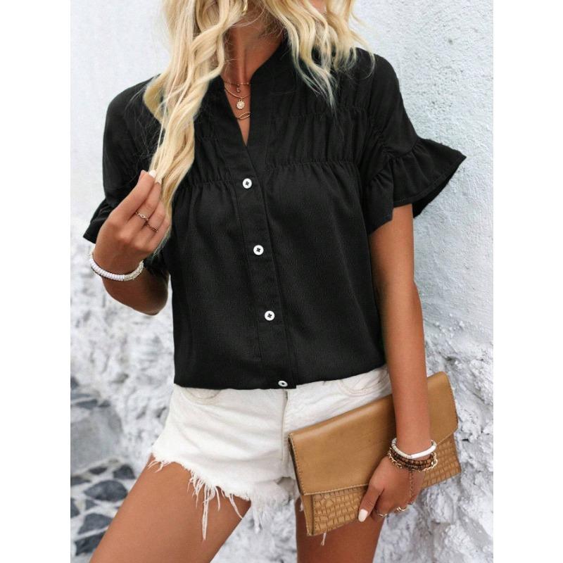 YYFS Women's Fashion Casual Summer Spring Solid Color Print Short Sleeve V-Neck Blouses & Shirts