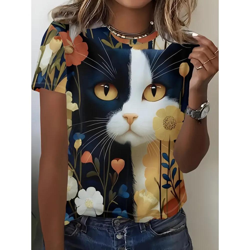 Cute Cartoon Cat Pattern For Women Funny Animal 3D Printed Short Sleeves Summer Oversized O-Neck Tops