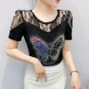 Summer New Sexy Off Shoulder Lace T-Shirt Women's Shiny Butterfly Hot Diamonds Designer Tops Elegant Slim Female Tees