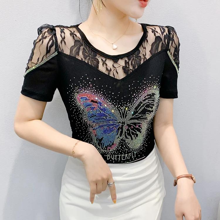 Summer New Sexy Off Shoulder Lace T-Shirt Women's Shiny Butterfly Hot Diamonds Designer Tops Elegant Slim Female Tees