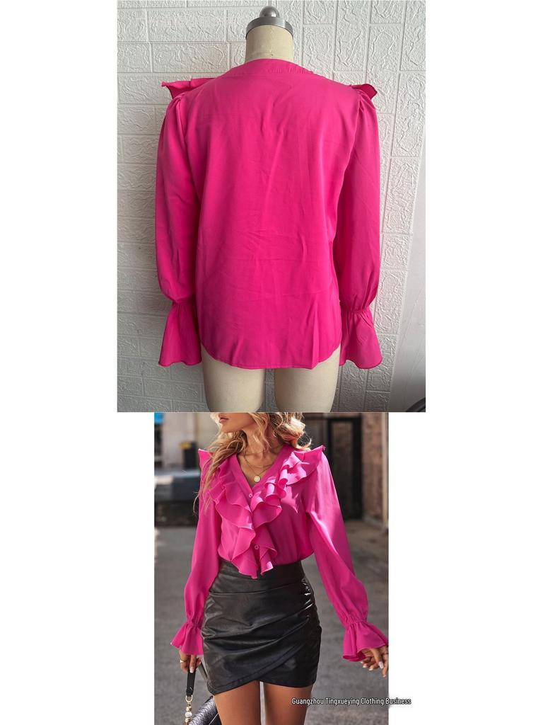 Elegant Women's V-Neck Ruffle Blouse - Autumn Collection