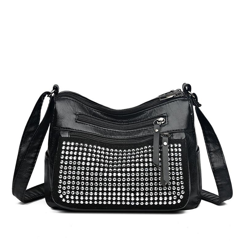 

Модная сумка через плечо из мягкой кожи с бриллиантами, маленькая квадратная сумка для женщин, новинка 2024 года, многослойная сумка для мамы, повседневная универсальная сумка через плечо чёрный