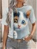 Cartoon Cat T-shirt Cute Cat Animal 3D Printed Women's Short Sleeves