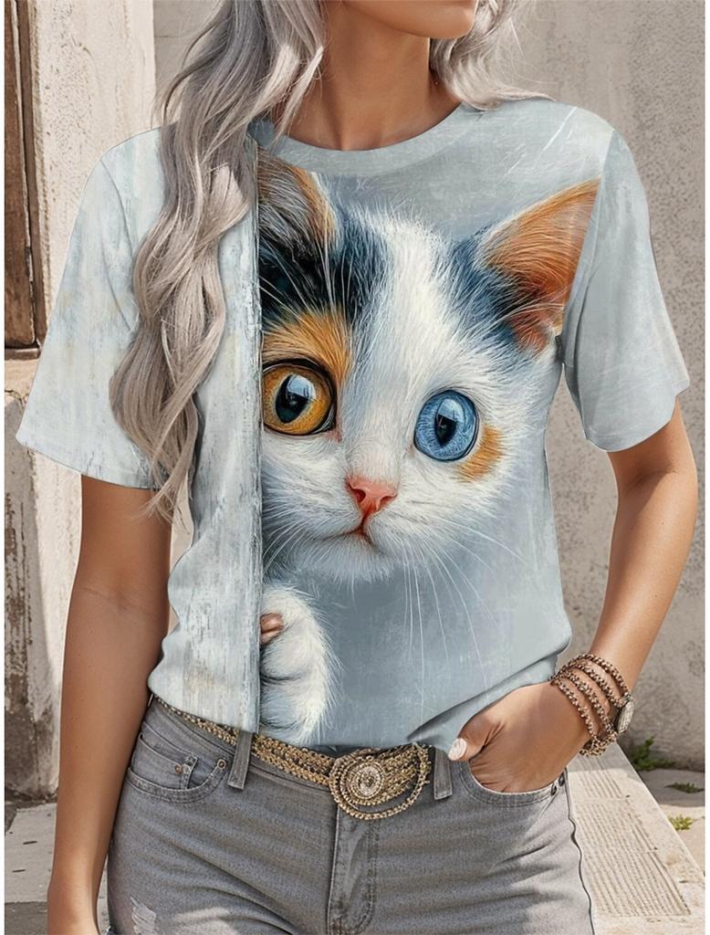 Cartoon Cat T-shirt Cute Cat Animal 3D Printed Women's Short Sleeves