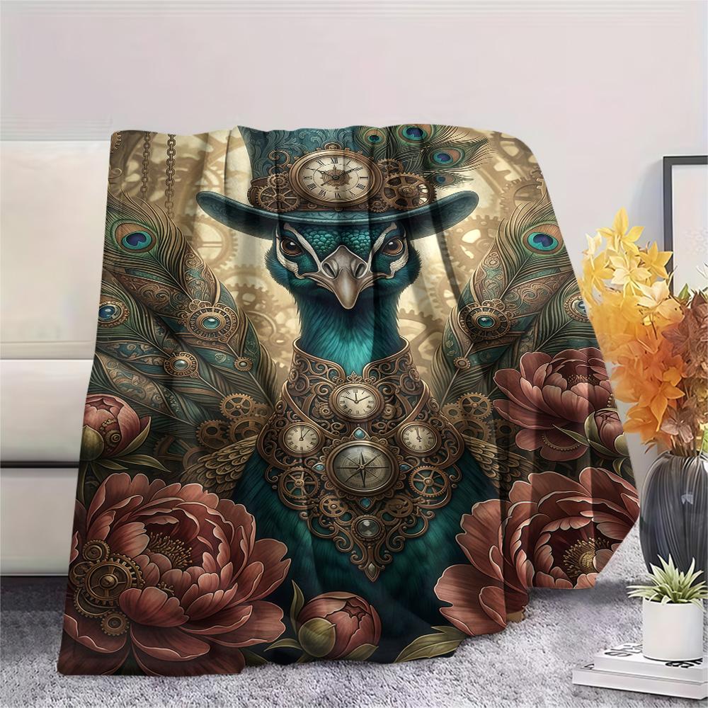 1PC Peacock and Peony Print FlAannel Blanket, High quality Comfortable for All Seasons, Home Decor, Warmth and Comfort
