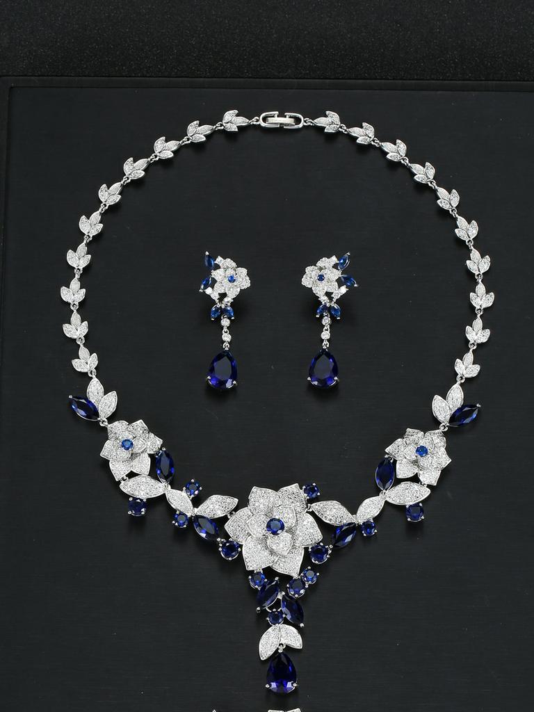 Luxury Camellia Bridal Zircon Necklace Earrings Set Gala Wedding Dress High-end Jewelry Ladies