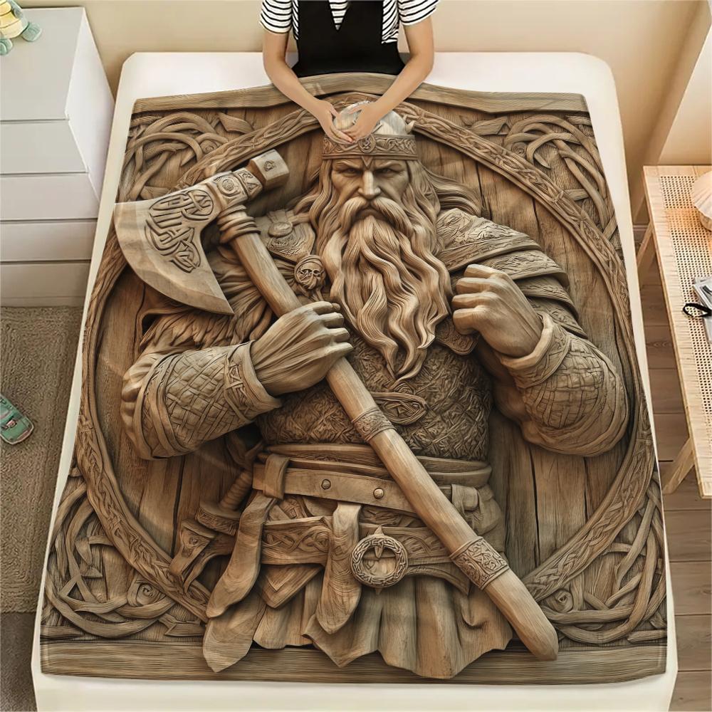 Viking Warrior Pattern Flannel Blanket, High Quality Comfortable for All Seasons, Home Decor, Warmth and Comfort, Perfect for Gifts.