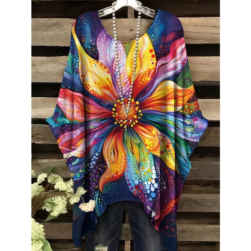 

Women s plus size Plus T-shirt, floral pattern all-over printed short-sleeved, versatile and fashionable round neck loose T-shirt 1XL