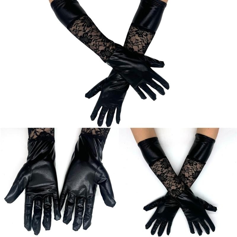 Long Black Operas Party Gloves for Women Stretchy Elbow Length Party Gloves Leather Lace Gloves for Wedding Halloween