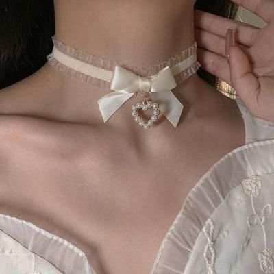 Lace Bow Necklace Female Choker Sexy Neck Collar Accessories Neckband Premium Pearl Heart Necklace