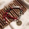 Red Rope Braided Beaded Five Emperors' Coin Bracelet With Peace Buckle - Elegant Chinese-Inspired Women's Jewelry.