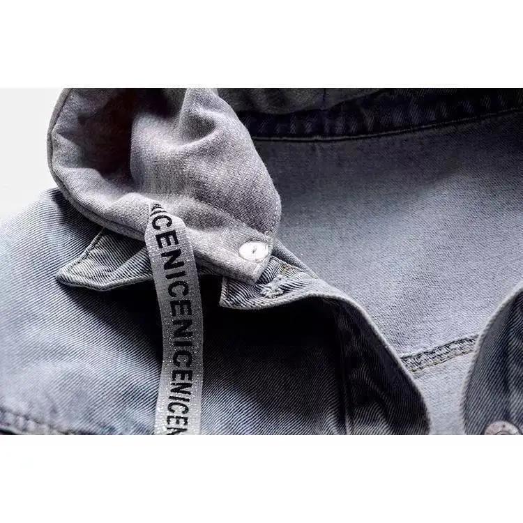 Spring Autumn Long Sleeves Hooded Women Denim Coat Jacket Korean Big Pockets Jean Jacket for Women Fashion Single-breasted Tops