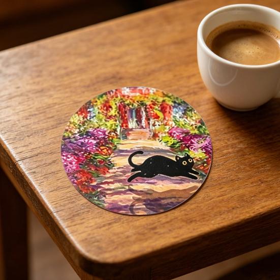 6 Pcs Art And Black Cat Wooden Coasters Cute Cat Drink Coaster Round Cup Mat for Table Protection Housewarming Gift for Home Bar Decor
