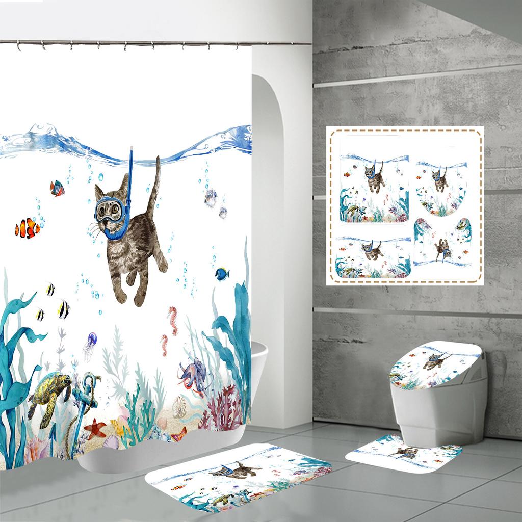 Shower Curtain Four-Piece 3D Digital Printing Shower Curtain Underwater Animal Bathroom Partition Shower Curtain