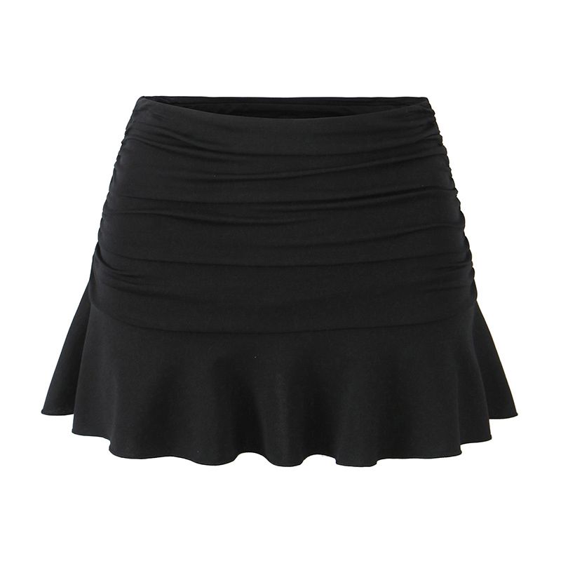 

American Millennium Sexy Princespolly Stylish One-Shoulder Cold-Shoulder Tops High Waist Crimp Two-Piece Overskirt Suit Black ruched overskirt (Fashion Tape) L