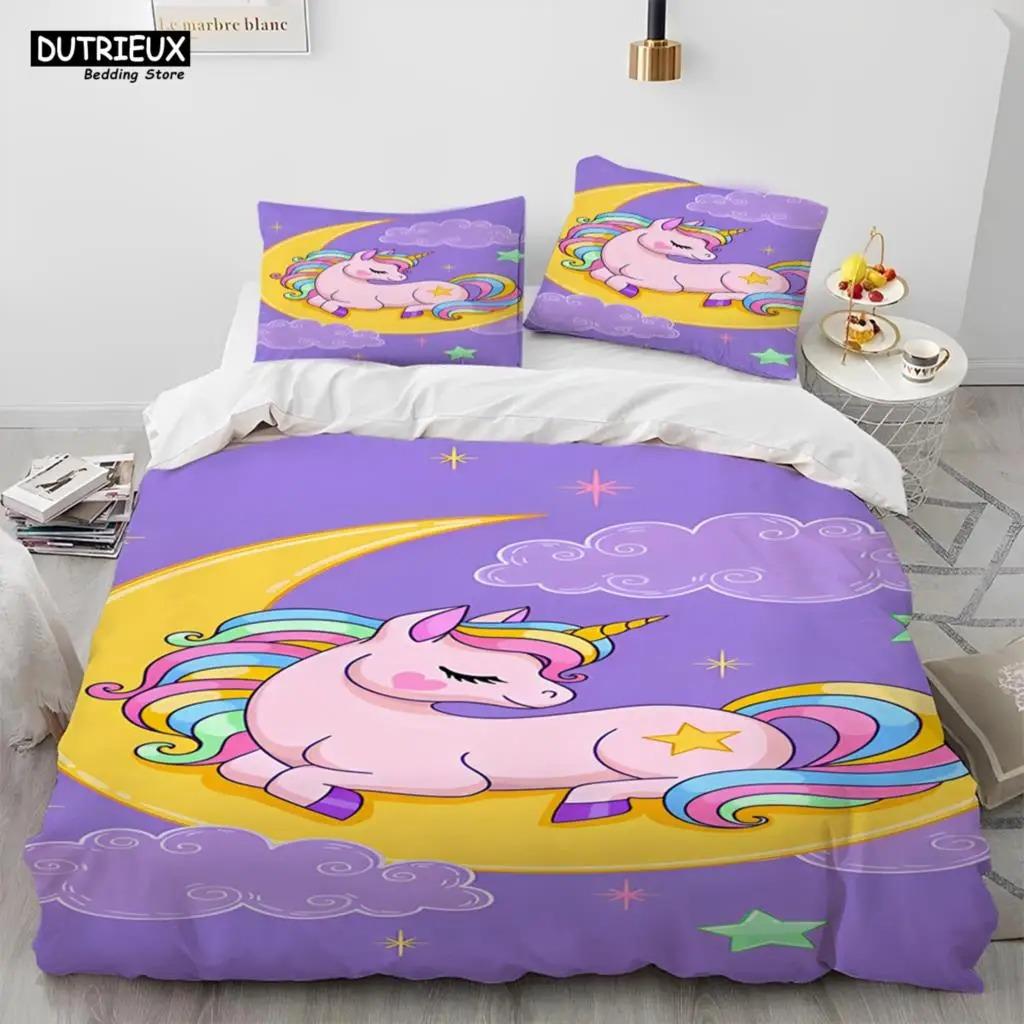 Einhorn Niedlich Cartoon Bettdecke Bettwäsche Set,Bettbezug Bett Set Bettdeckenbezug Kissenbezug,Queen Bettwäsche Set