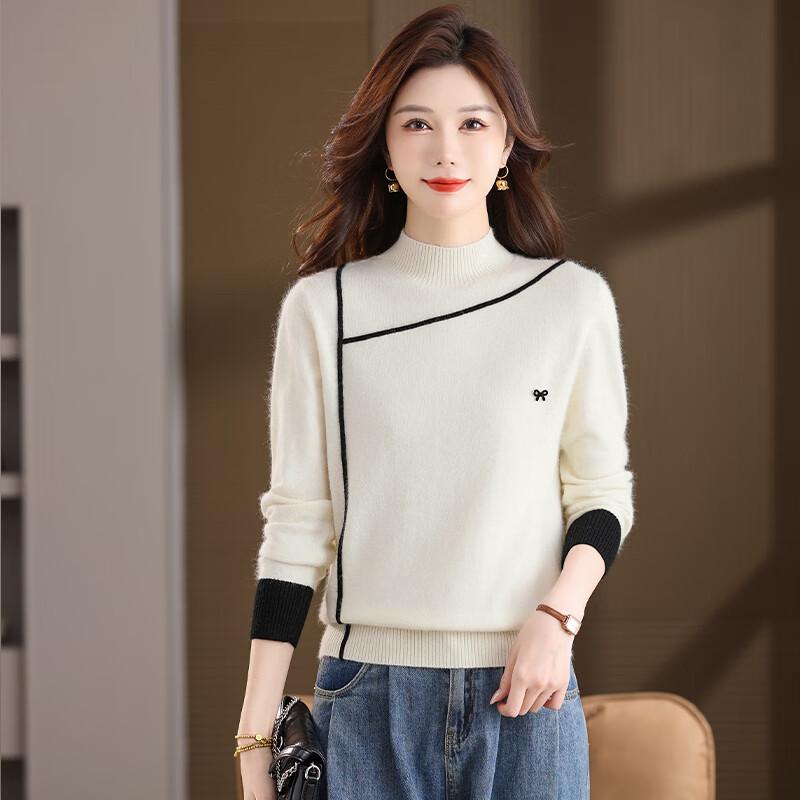 

Женский вязаный свитер с полувысоким воротником и цветными блоками XL