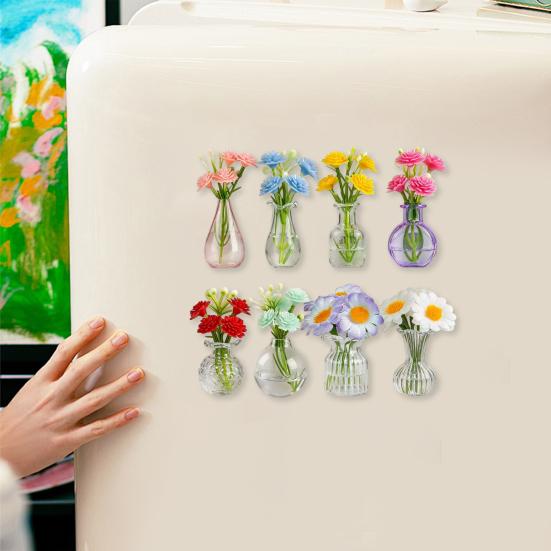 8 Stück Mini-Glasvasen-Kühlschrankmagnete mit künstlichen Blumen, Niedliche kleine Blumen-Kühlschrankmagnete für Kühlschrank, Büro und Küchenschrank