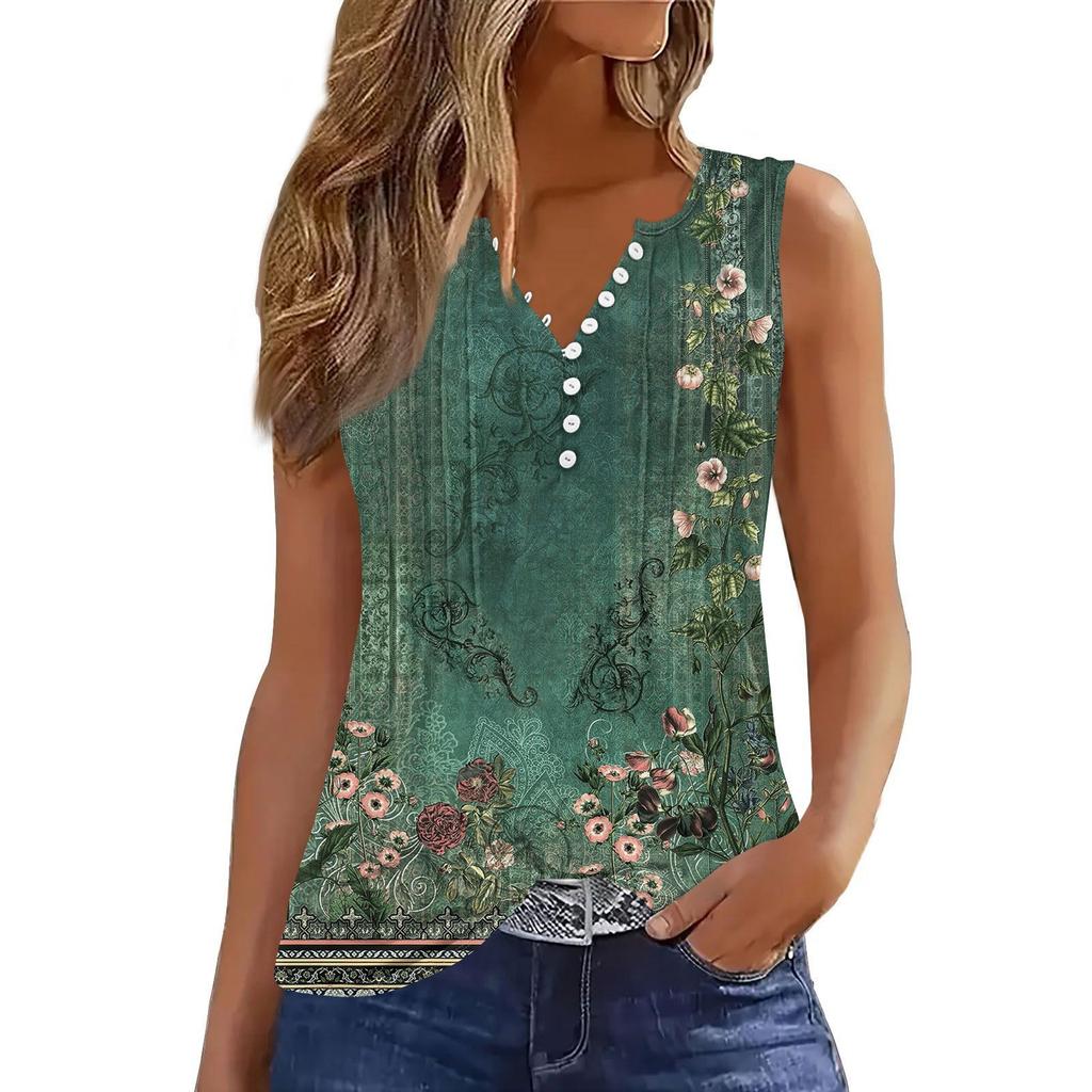 Women's Flowers And Plants Casual Loose Pleated Shirt V Collar Button-down T-shirt Shirt Sleeveless Vest Top
