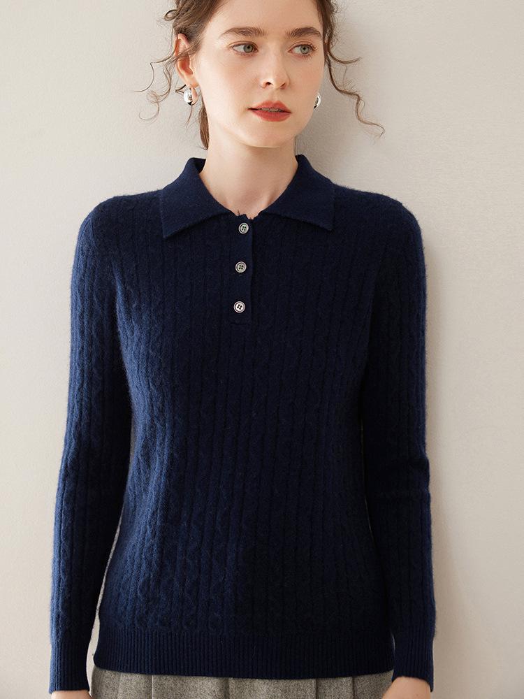 Women's Cashmere Cable Knit Polo Collar Pullover - Long Sleeve, Warm, Fashionable, Versatile Autumn/Winter Base Layer Top.
