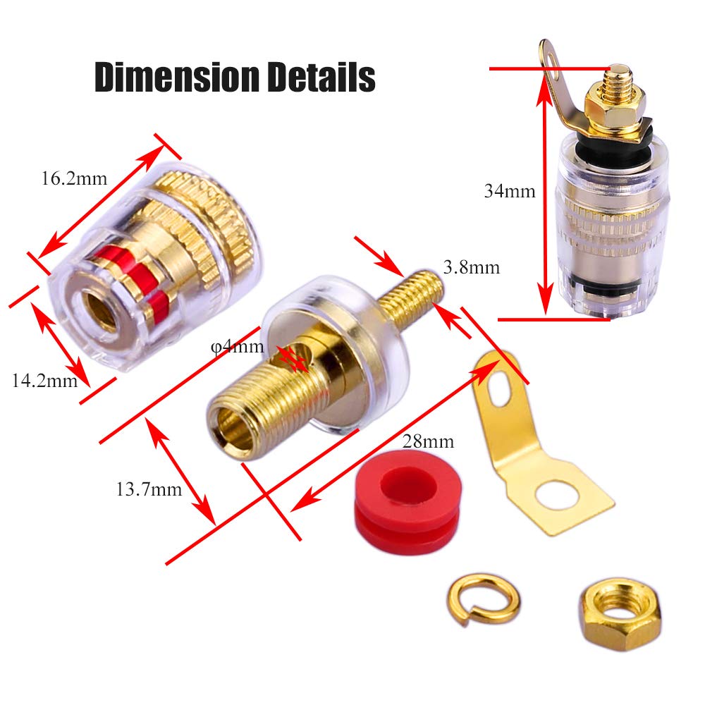 EIGHTNOO Speaker 4mm Plug Wiring Connection 4 4 Gold-Plated Terminals, Binding, Post-Banana Compatible, (8-Piece Set Red, Black)