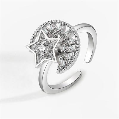 Kofsac Exquisite Zircon 925 Sterling Silver Rings For Women Creativity Rotatable Moon Star Ring Jewelry Relieve Anxiety Stress
