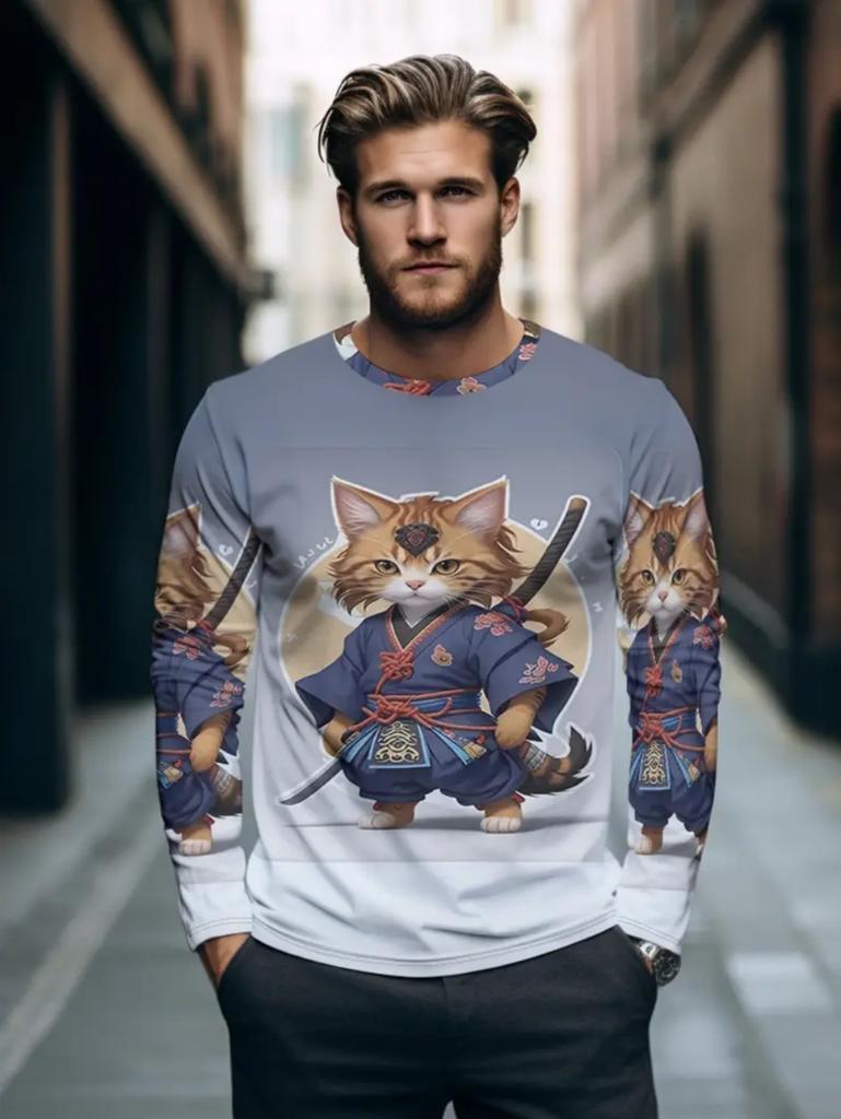Warrior Cat Pattern Men's T-shirt Funny Animal 3D Print Long-sleeved Top All-season Base Layer Shirt Y2K Harajuku Streetwear