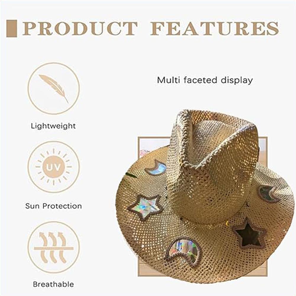 Cowgirl Straw Prism Hat Suncatcher Hand-Woven Wide Shapeable Brim Rainbow Prism Hat Sun Beach Western Cowboy hat for Women