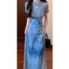 New Chinese Style Blue Polka Dot Dress Women's Early Summer Hip-wrapped Long Dress Early Spring Beautiful Waist Skirt