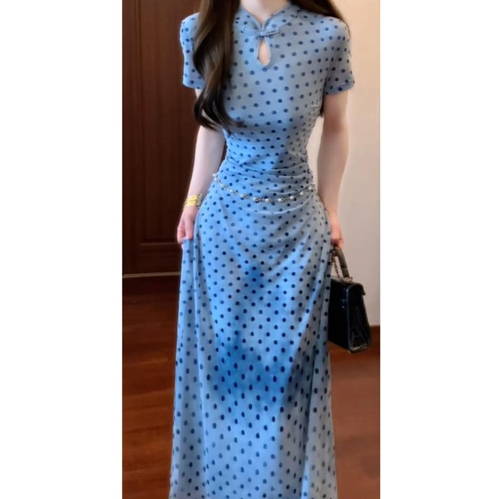 New Chinese style blue polka dot dress women's early summer hip-wrapped long dress early spring beautiful waist skirt
