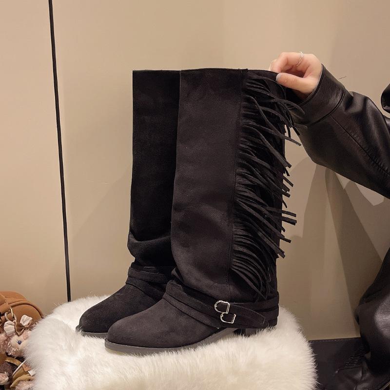 

Французские ретро ботинки на толстом каблуке с бахромой для осени и зимы, длинные сапоги 2025, новая мода больших размеров, замшевые высокие сапоги 36 чёрный