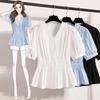 Plus Size French Short-Sleeve Summer Shirt for Women, Slimming Waist-Cinched Top