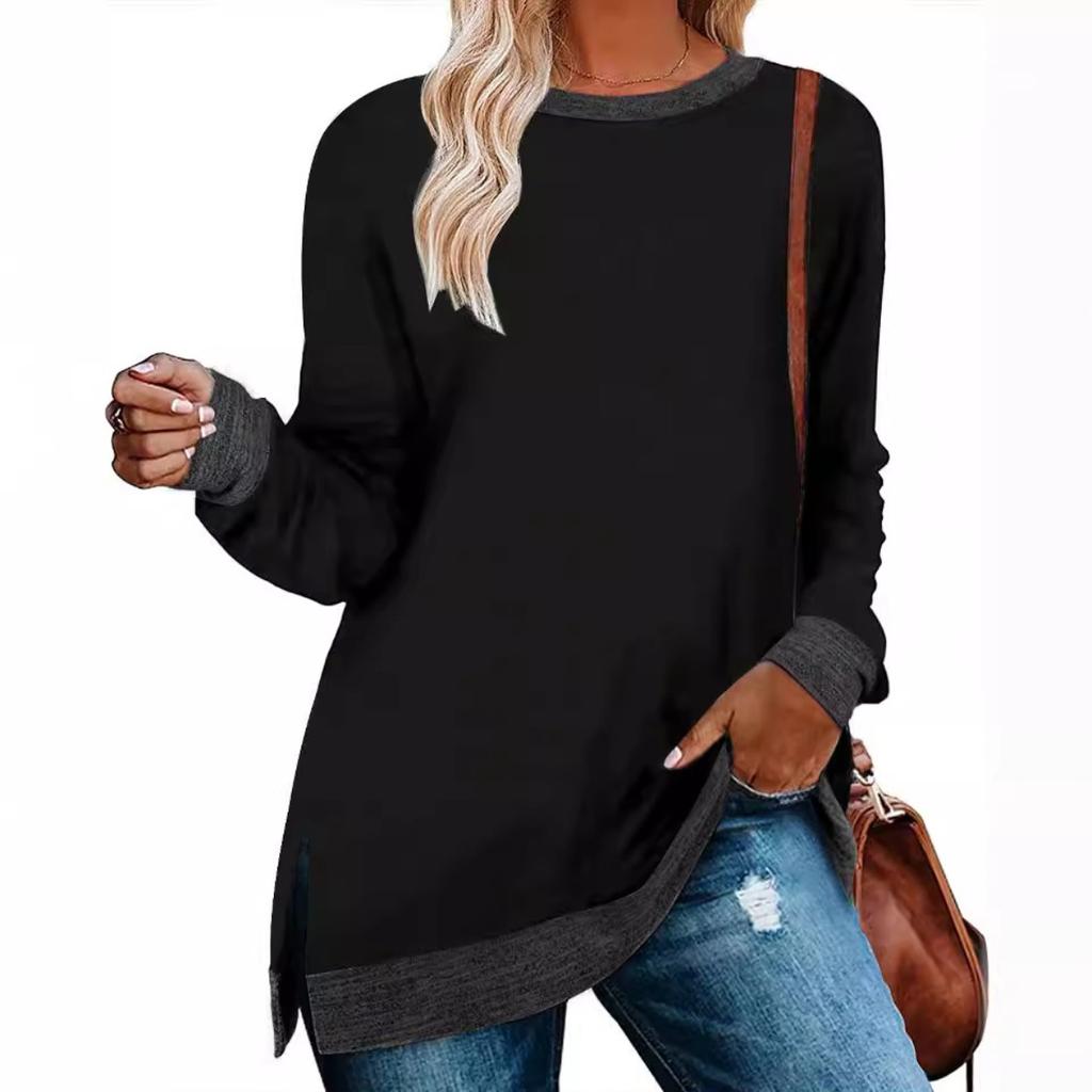European American Women's Color Block Split Long Sleeve Crew Neck Loose Casual Pullover T-shirt Top