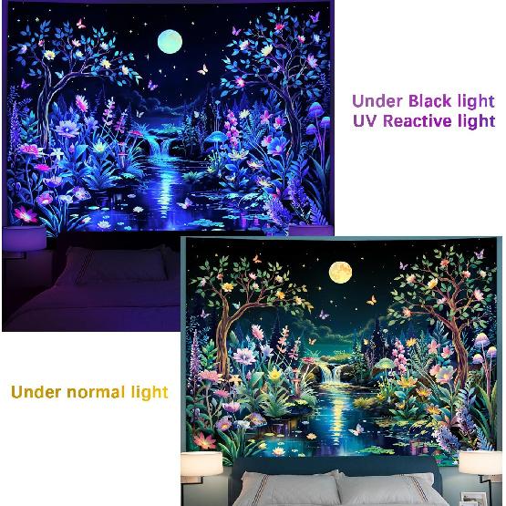 Serborlur Blacklight Fantasy Forest Tree Tapestry UV Reactive Floral Plant Tapestries Trippy Moon Butterfly Wall Art Decor Nature Landscape Wall