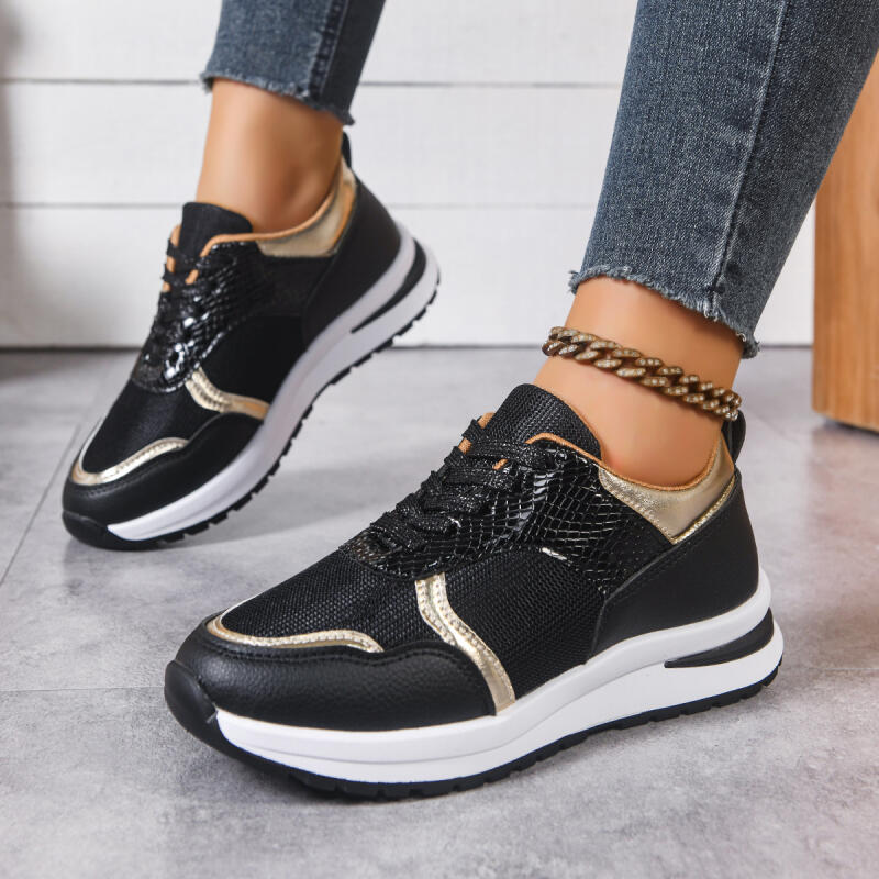 Casual Golden Splicing Lace Up Sneakers Women  Autumn Comfort Sole Sports Shoes Plus Size 43 Breathable Tennis Shoes Female