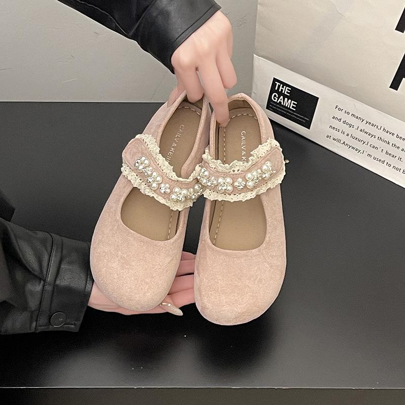 Women Mary Jane Single Shoes 2025 New Spring Summer New Pearl Shallow Mouth Fashionable Outdoor Comfortable Anti Slip Flat Shoes