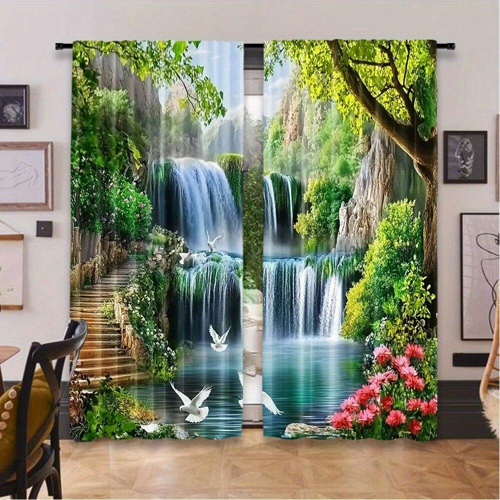 2 Pieces of Forest Waterfall Landscape Printed Curtains,30*65 Inches, Home Decoration, Room Decoration