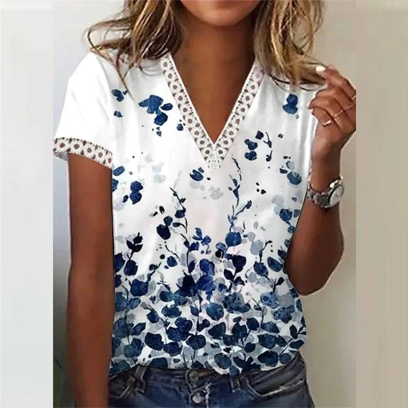 

Лето 2023 Топы с V-образным вырезом и коротким рукавом Винтажная кружевная рубашка Женская блузка с принтом Повседневная свободная модная одежда Blusa Mujer 25934 XXXL морская черепаха