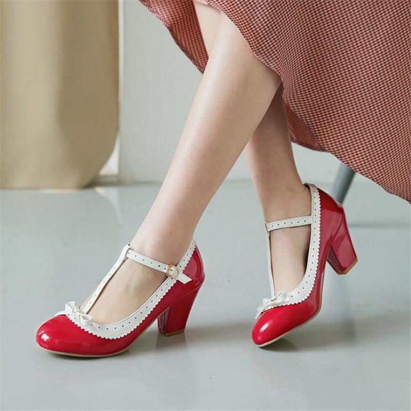 Girls' Shoes Women Mary Jane Shoes Lolita High Heels Bow T-Strap Wedding Pumps Thick Heels Shoes Bridal Princess Footwear 32-43