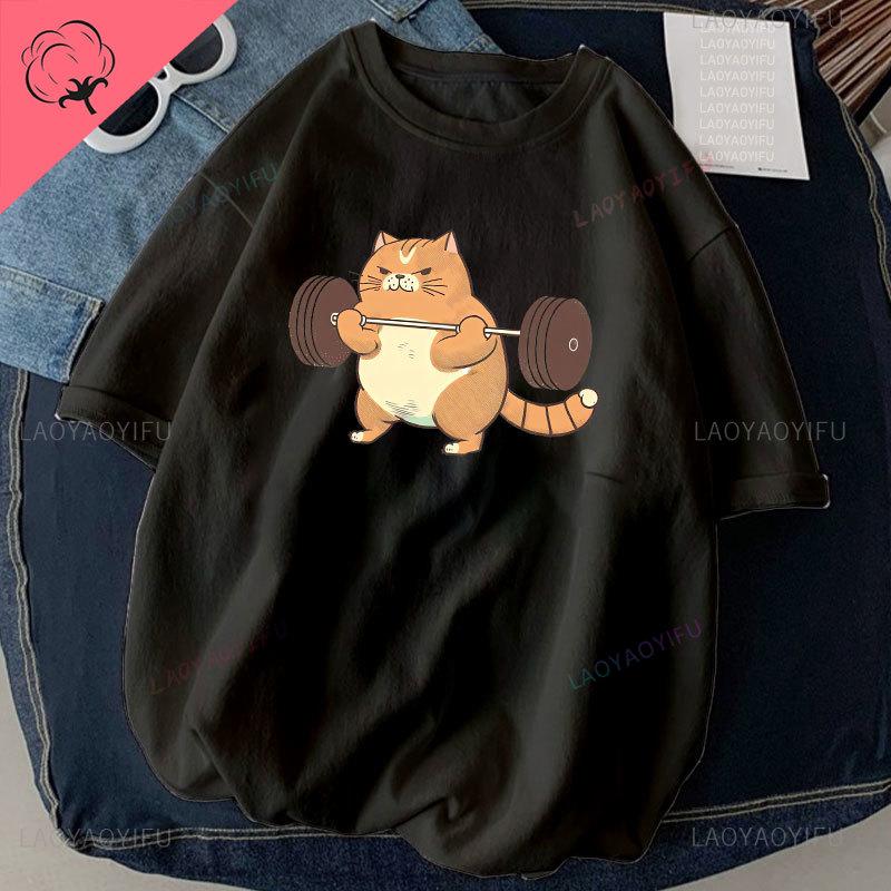 Cat Weightlifting Printed T-shirt Work Out Funny Gym Design Sticker Graphic High Quality Cotton T Shirts Men Clothing Camisetas