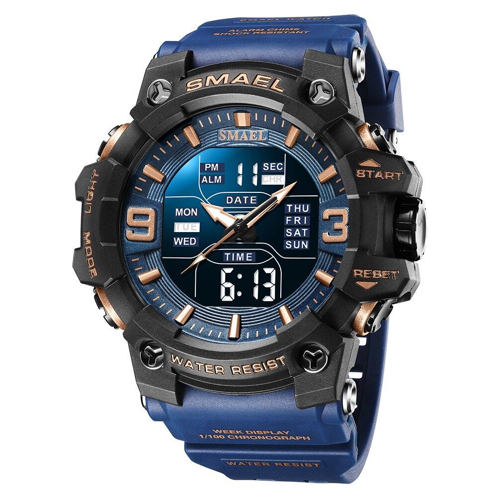SMAEL Heren Dubbele Display Horloges Sport Waterdicht LED Licht Wekker Dubbele Tijdweergave Week Automatische Datum Polshorloges 8049 Sport Polshorloge
