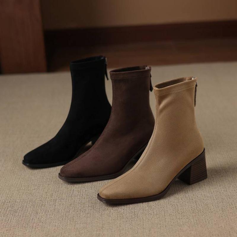 Autumn and Winter Women's Elastic Martin Boots Solid Color Suede Rear Zipper Large Size High Heel Women's Boots Rubber Sole Round Head Medium Boots