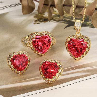 Accessories Jewelry Set Color Treasure Ocean Heart Pendant Necklace Stud Earrings Female Red Treasure Premium