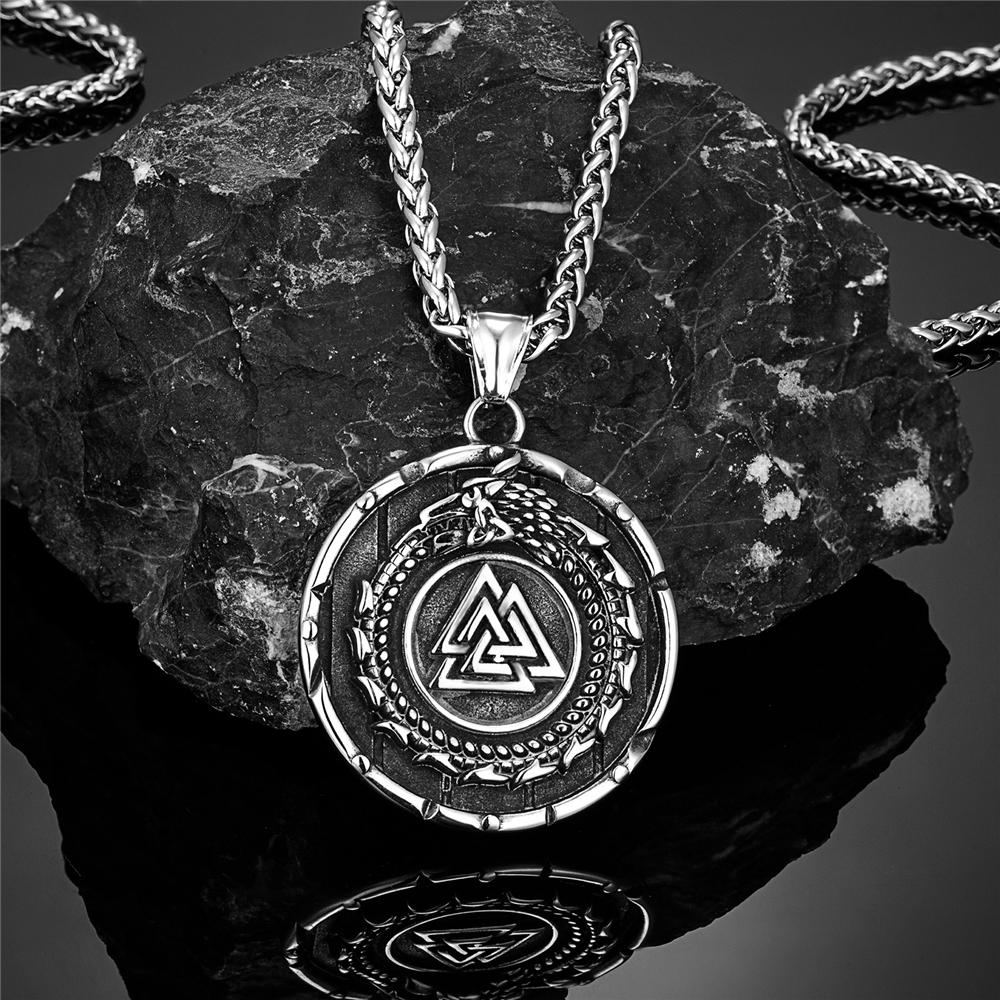 Vikings Ouroboros Dragon Necklace Men Stainless Steel Norse Runes Triangle Pendant Scandinavian Jewelry Gift