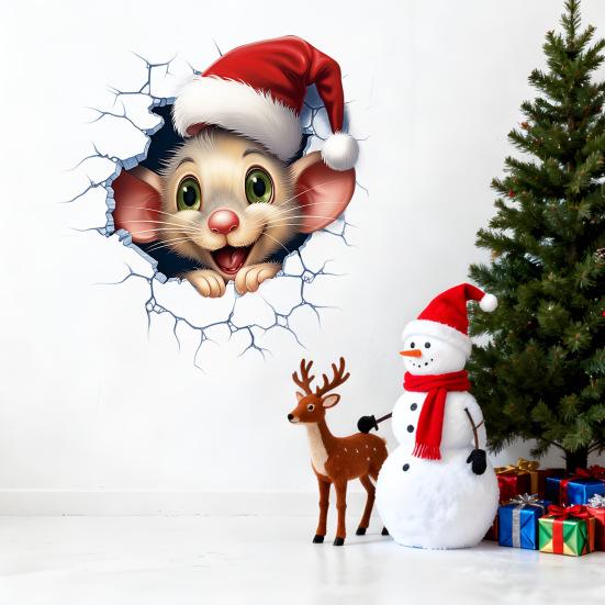 Christmas Wall Decals Animal Design Sticker PVC Removable 2D Sticker Creative Broken Wall Art for Kids Bedroom Playroom Home Decor